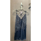 Slate Blue Satin-Finish Chemise with Strappy Back and Sheer Lace Bodice
