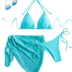 Bright Turquoise Three-Piece String Bikini Set with Matching Tie Sarong