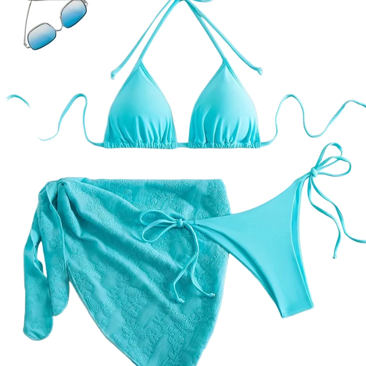 Bright Turquoise Three-Piece String Bikini Set with Matching Tie Sarong