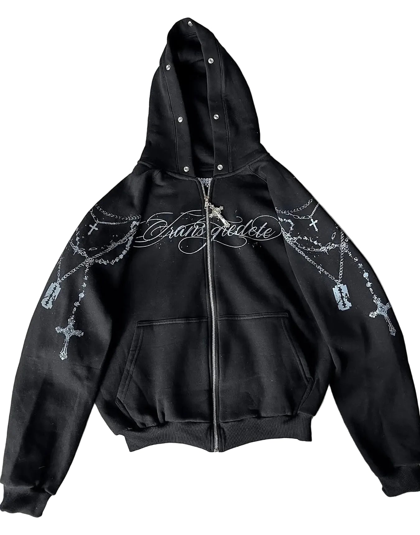 Cropped Anime Goth Zip Hoodie With Distressed Streetwear Aesthetic