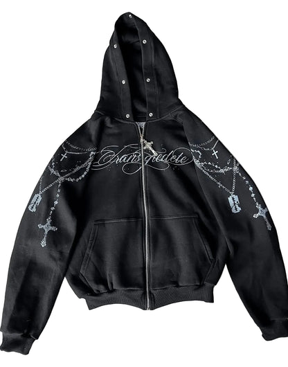 Cropped Anime Goth Zip Hoodie With Distressed Streetwear Aesthetic