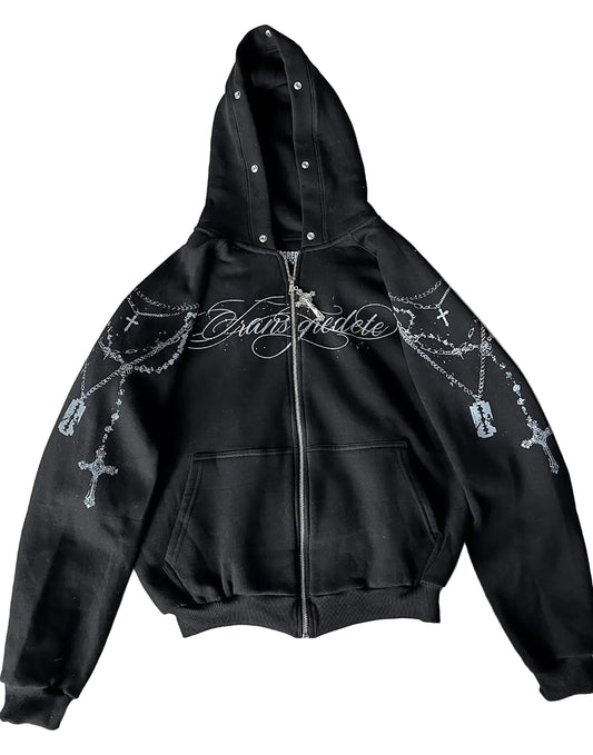 Cropped Anime Goth Zip Hoodie With Distressed Streetwear Aesthetic