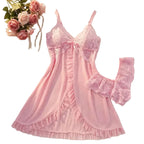 Romantic Pink Lace Babydoll Lingerie Set with Ruffle Trim and Open Front