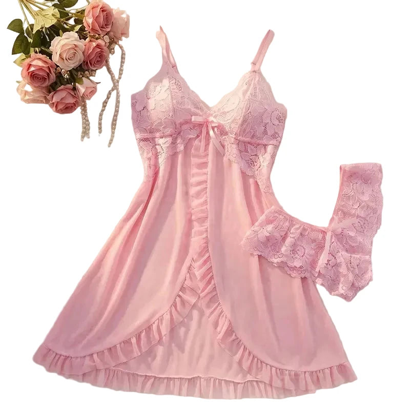 Romantic Pink Lace Babydoll Lingerie Set with Ruffle Trim and Open Front