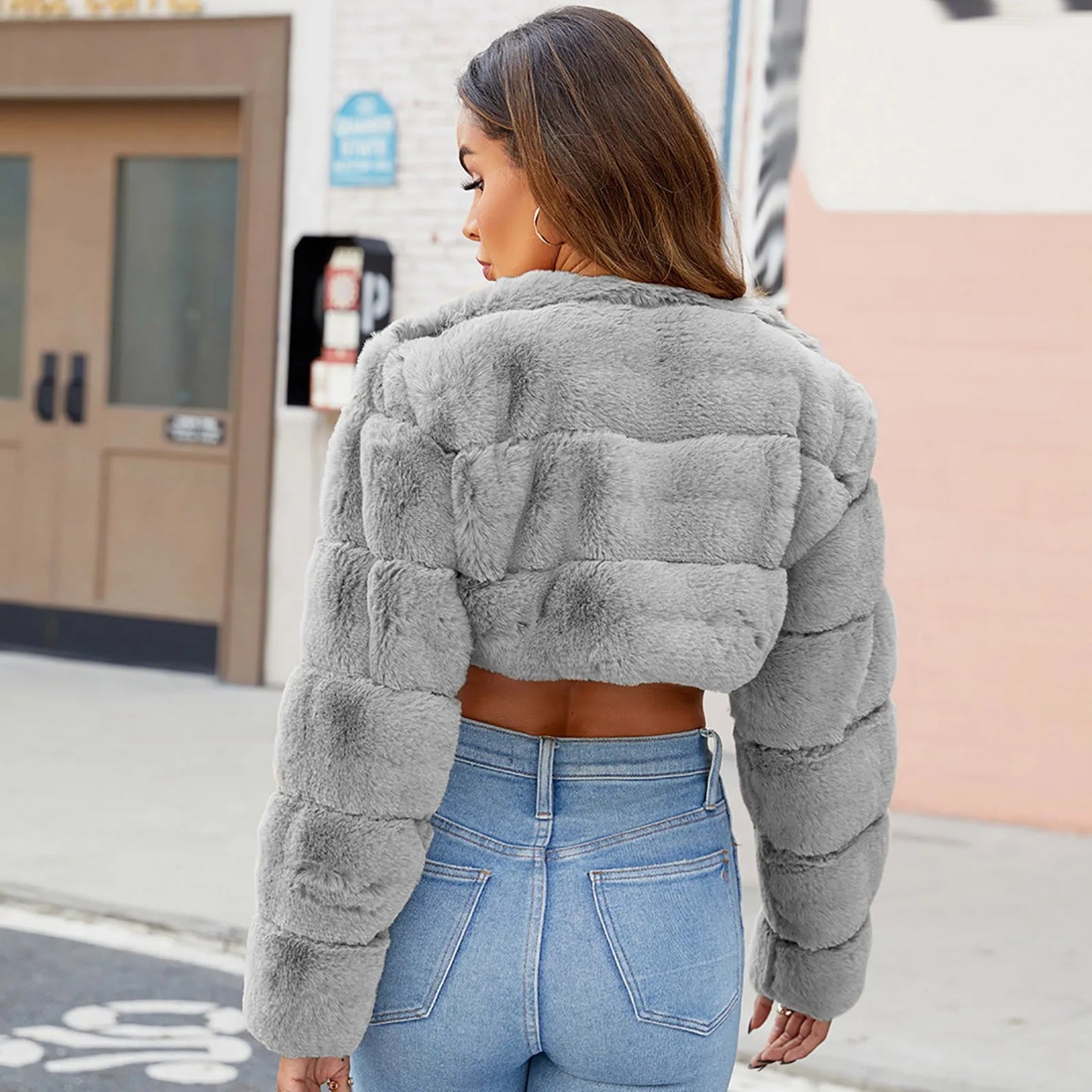 Cropped Plush Faux Fur Zip Front Streetwear Jacket for Layered Styling