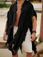 Men's Fringed Sleeveless Knit Cardigan with Oversized Boho Layering Silhouette