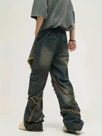 Men's Relaxed Wide Leg Denim Jeans with Decorative Stitching and Utility Pocket Design