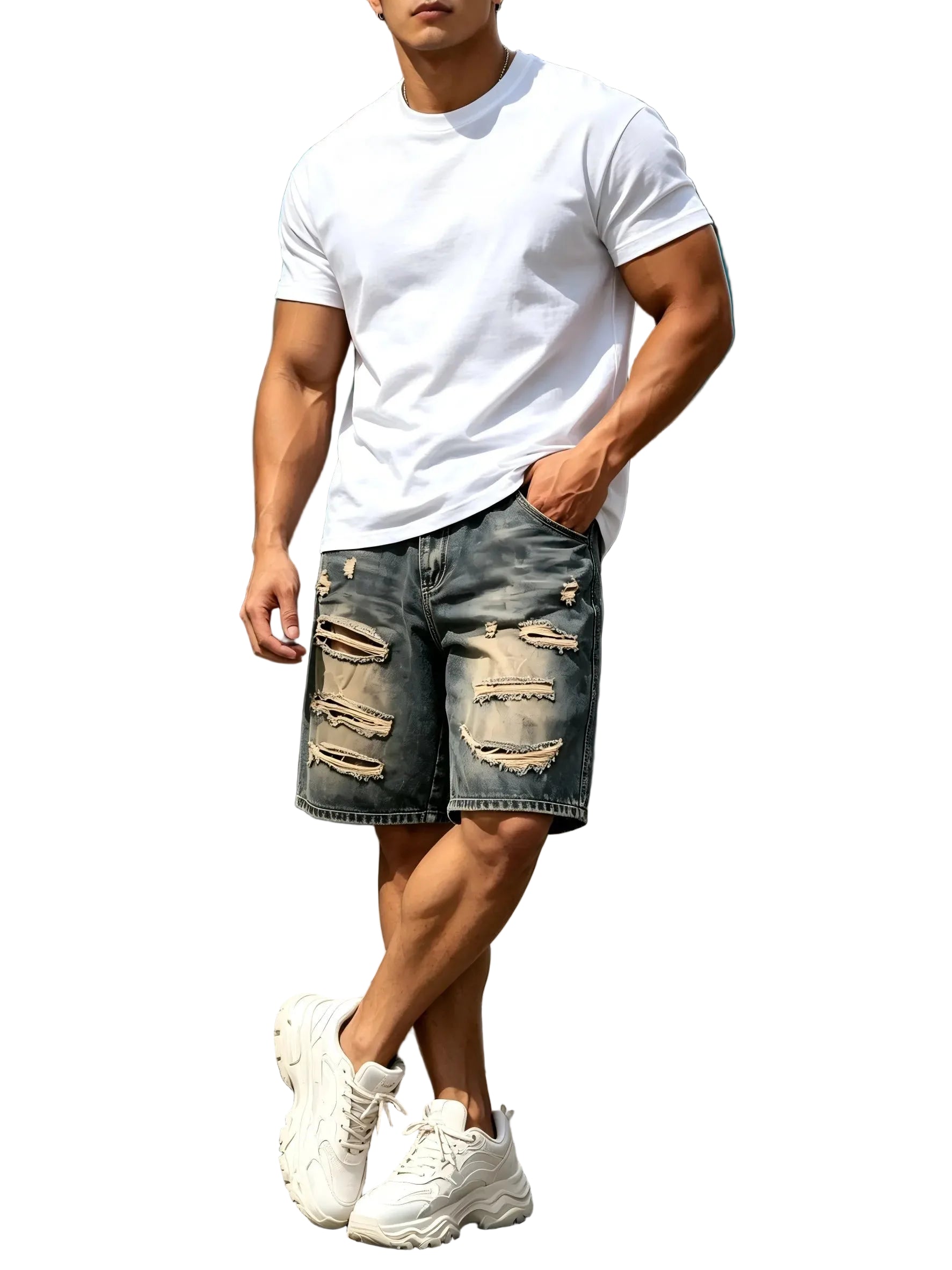 Men's Relaxed Knee Length Denim Shorts with Distressed Details and Utility Pocket Design