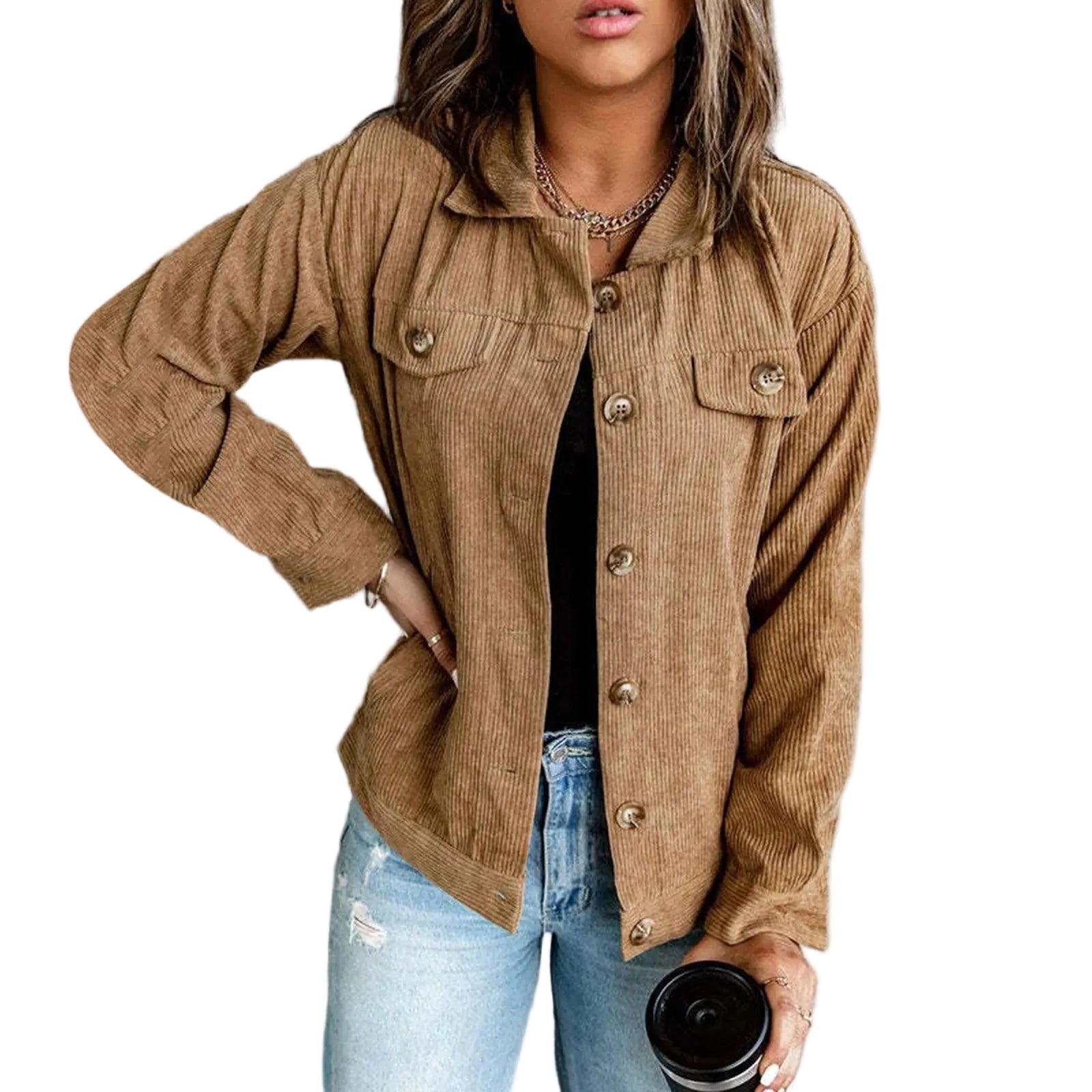 Women's Corduroy Textured Button-Up Jacket Relaxed Casual Streetwear Utility Overshirt