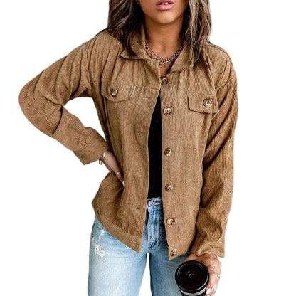 Women's Corduroy Textured Button-Up Jacket Relaxed Casual Streetwear Utility Overshirt