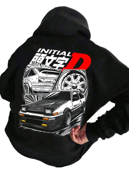 Anime Racing Streetwear Hoodie With Manga Inspired Drift Car Graphic Design