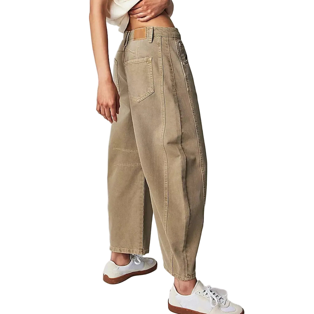 Women's Mid Rise Barrel Leg Cropped Denim Jeans with Relaxed Wide Leg Silhouette