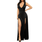 Deep V Maxi Dress With High Slit And Sculpted Fit