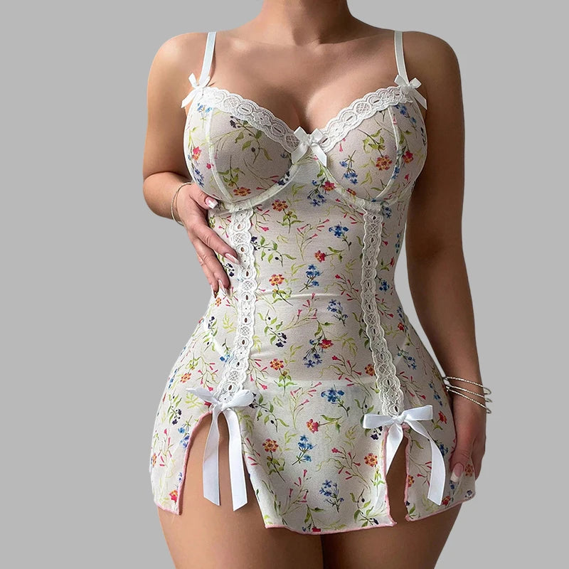 Sheer Floral Lace Chemise with Ribbon Bows and Attached Garter Straps