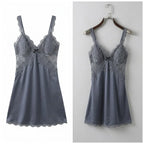 Slate Grey Satin-Finish Chemise with Intricate Sheer Lace Bodice