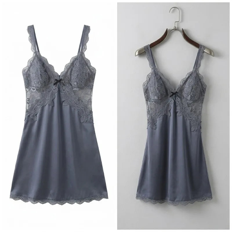 Slate Grey Satin-Finish Chemise with Intricate Sheer Lace Bodice