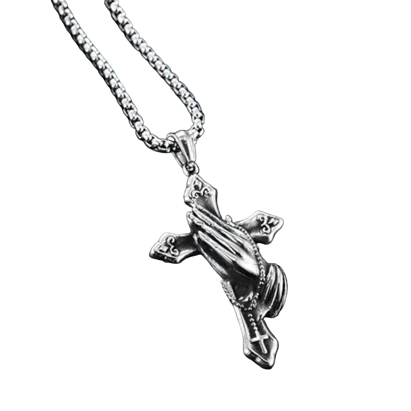 Praying Hands Cross Pendant Necklace With Vintage Gothic Statement Aesthetic