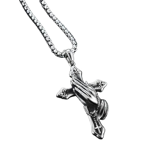 Praying Hands Cross Pendant Necklace With Vintage Gothic Statement Aesthetic