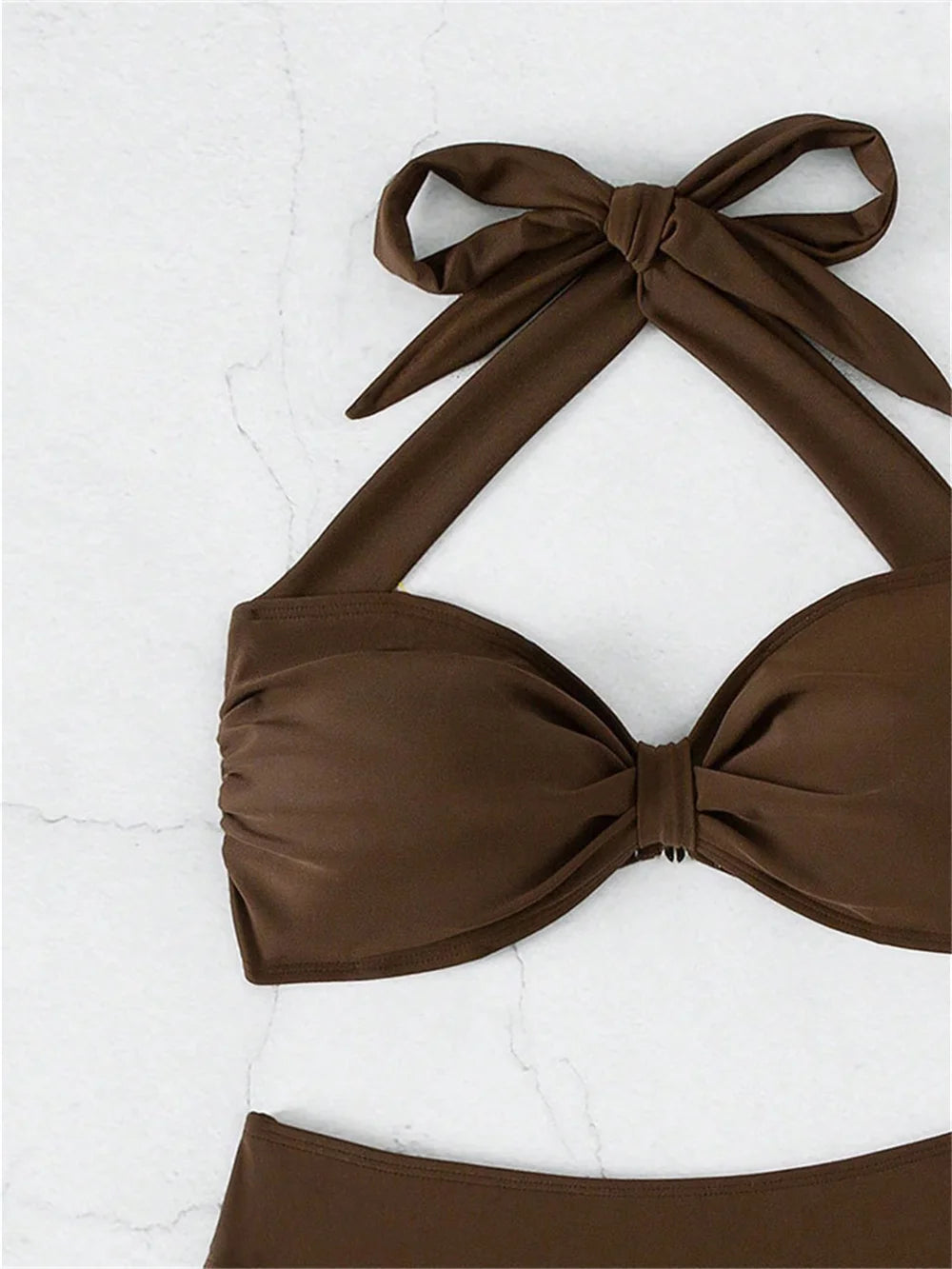Solid Espresso Brown Halter Bandeau Bikini with Twisted Center Detail
