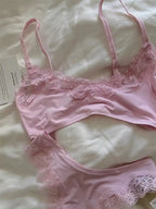 Minimalist Light Pink Wire-Free Lounge Bralette and Brief Set with Delicate Lace Edging