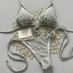 Grey Triangle String Bikini with Geometric Rhinestone Embellishments