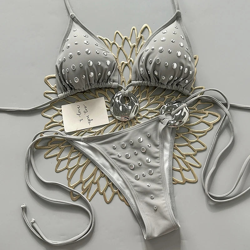 Grey Triangle String Bikini with Geometric Rhinestone Embellishments