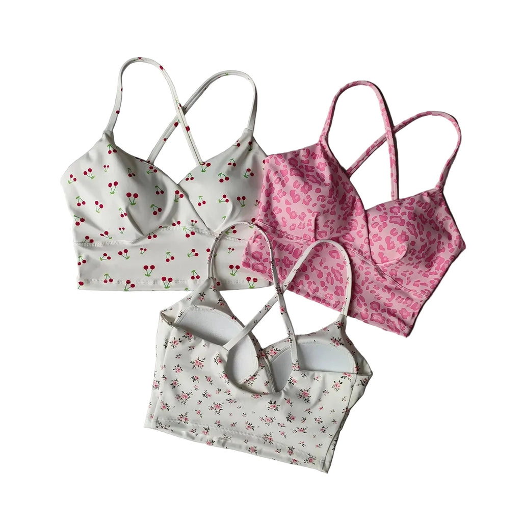 Playful Cherry Print Longline Sports Bra with Strappy Criss-Cross Back