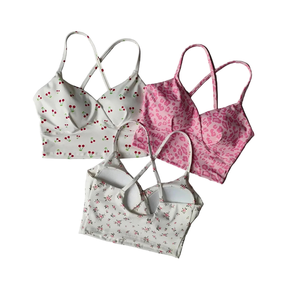 Playful Cherry Print Longline Sports Bra with Strappy Criss-Cross Back