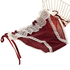 Women’s Wine-Red Lace Brief with Decorative Bow, Floral-Style Texture and Mid-Rise Feminine Lingerie Silhouette