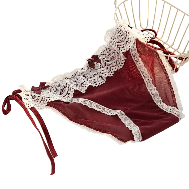 Women’s Wine-Red Lace Brief with Decorative Bow, Floral-Style Texture and Mid-Rise Feminine Lingerie Silhouette