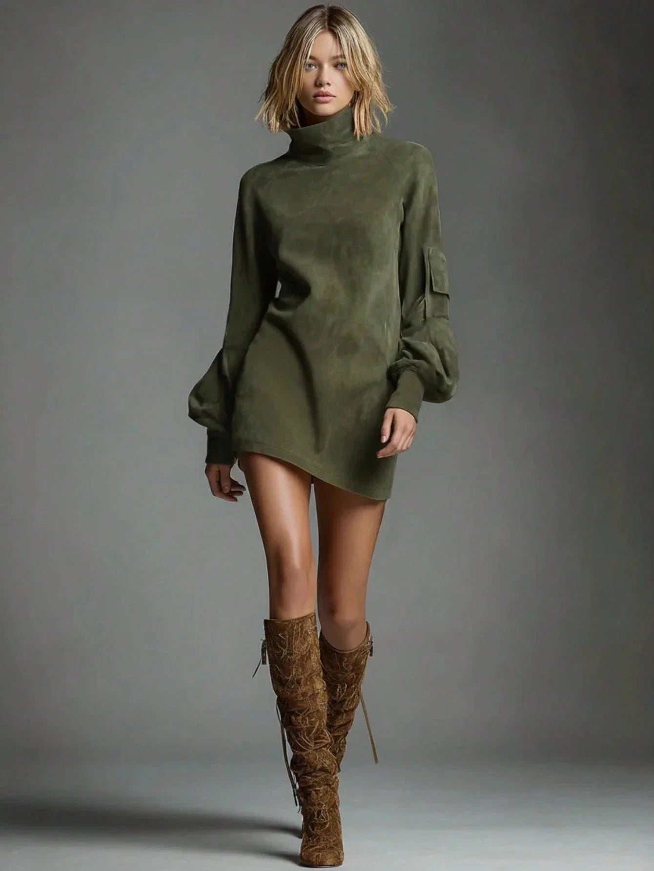 Turtleneck Lantern Sleeve Mini Dress with Relaxed Oversized Silhouette