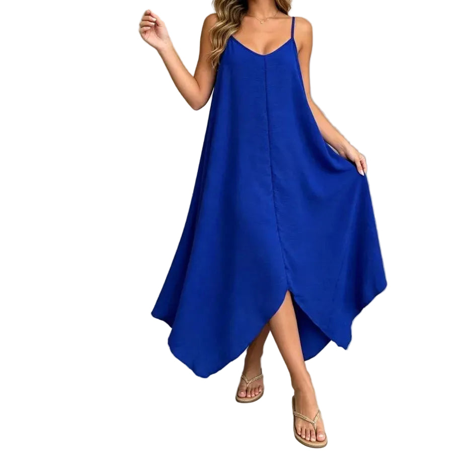 Spaghetti Strap V-Neck Maxi Dress with Relaxed Fit and Asymmetrical Hem