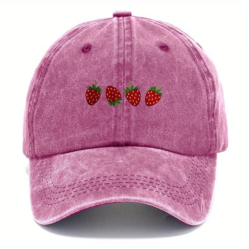 Vintage Washed Baseball Cap Embroidered Fruit Detail Curved Brim Casual Streetwear Hat
