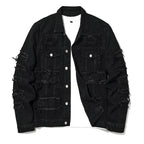 Men's Distressed Denim Jacket with Layered Patchwork Streetwear Design