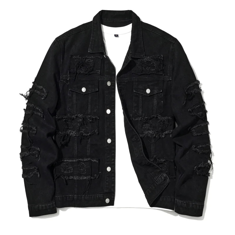 Men's Distressed Denim Jacket with Layered Patchwork Streetwear Design