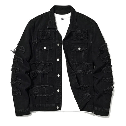 Men's Distressed Denim Jacket with Layered Patchwork Streetwear Design