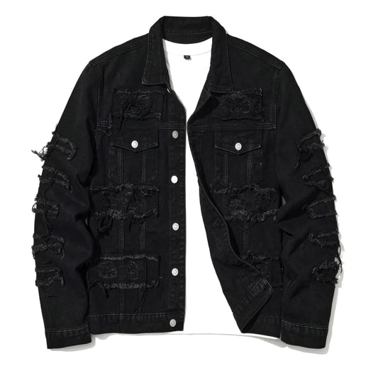 Men's Distressed Denim Jacket with Layered Patchwork Streetwear Design