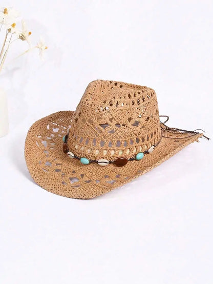 Hollow Woven Straw Cowboy Hat with Decorative Beaded Band for Outdoor Summer Adventures