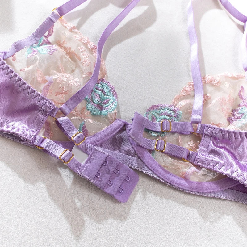 Romantic Blush Pink Satin-Finish Lingerie Set with Blue Floral Appliqués