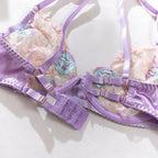 Romantic Blush Pink Satin-Finish Lingerie Set with Blue Floral Appliqués