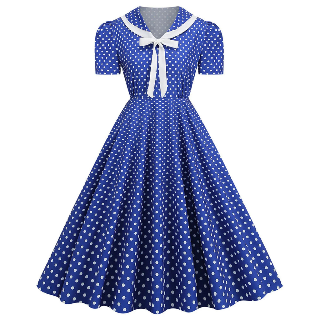 Retro Red and White Polka Dot Swing Dress with Bow Collar