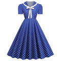 Retro Red and White Polka Dot Swing Dress with Bow Collar