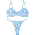 Light Blue Floral Embroidered Sheer Mesh Underwire Bra and Thong Set