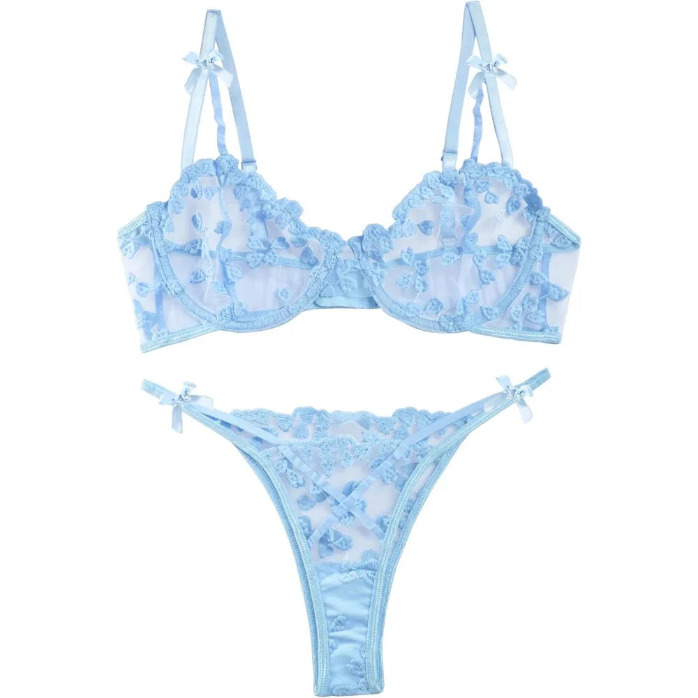 Light Blue Floral Embroidered Sheer Mesh Underwire Bra and Thong Set