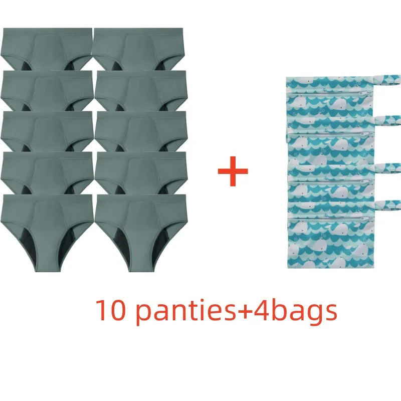 Five-Piece Solid Black Menstrual Brief Set with Two Printed Travel Bags
