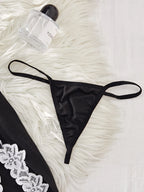 Sleek Black Satin-Finish Chemise with White Lace Appliqué and Matching Panty