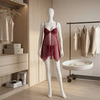 Romantic Deep Red Open-Front Babydoll with Lace Bodice and Matching Panty