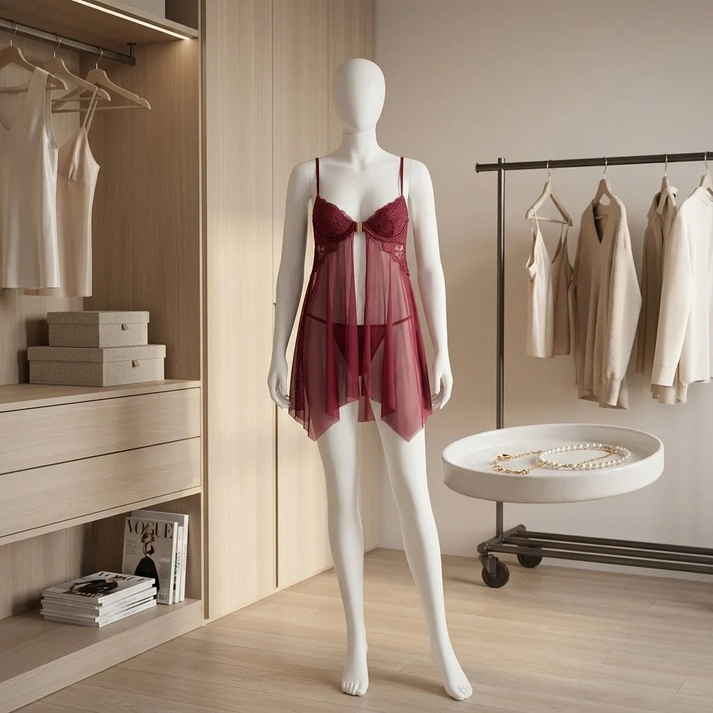 Romantic Deep Red Open-Front Babydoll with Lace Bodice and Matching Panty