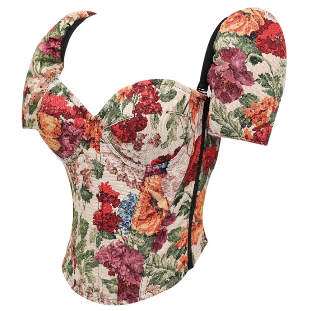 Romantic Floral Tapestry Overbust Corset with Sweetheart Neckline and Detachable Puff Sleeves
