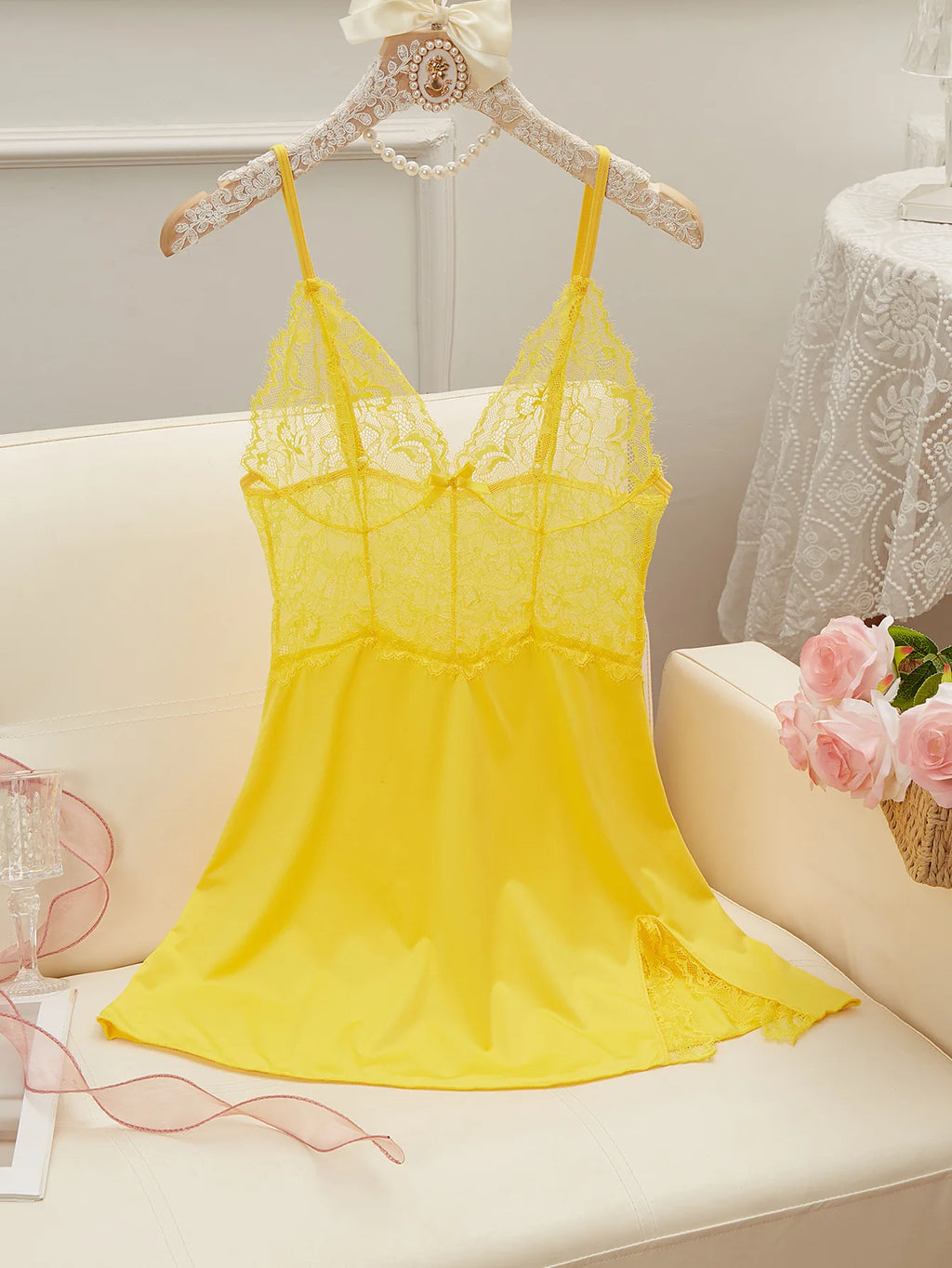 Soft Pink Sheer Lace Chemise with Plunging V-Neckline and Flowing Skirt